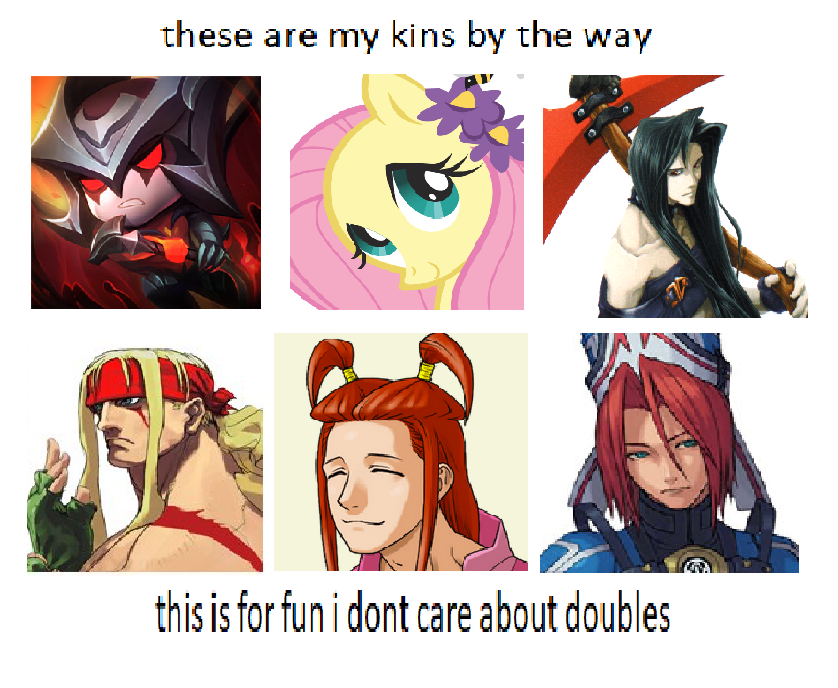 a kin list comprised of Aatrox (League of Legends), Fluttershy (My Little Pony), Testament (Guilty Gear), Alex (Street Fighter), Simeon Saint (Ace Attorney), and FOmar (Phantasy Star Online)