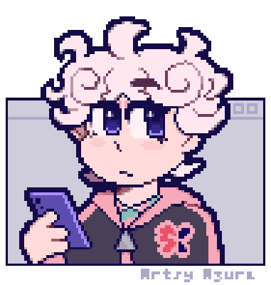 Digital pixel art in a chibi style of Bede from Pokemon. He has the shine in his eyes associated with his Gym Leader self, and is wearing his the Fairy Gym uniform underneath a black and pink hoodie, with the Ballonlea logo. He is inside of a computer window, cut off at around his chest, and is holding his phone, looking off to the side. It is lightly animated, with him blinking and raising the arm holding his phone slightly. He has on pink eyeshadow.