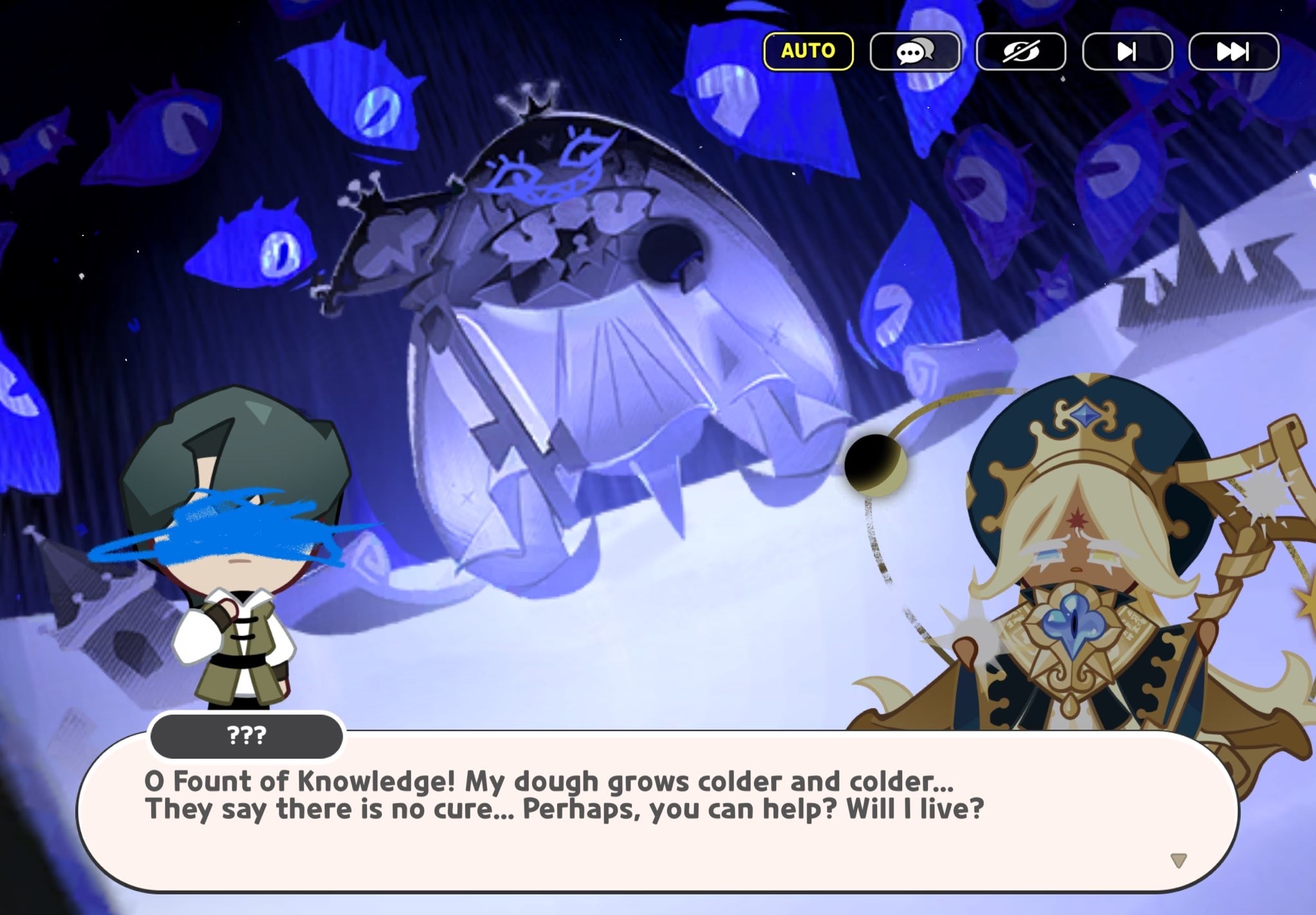 A screenshot, showing Pure Vanilla in the flashback where he experiences what the Fount of Knowledge did. One of his followers says, 'O Fount of Knowledge! My dough grows colder and colder... They say there is no cure… Perhaps, you can help? Will I live?'