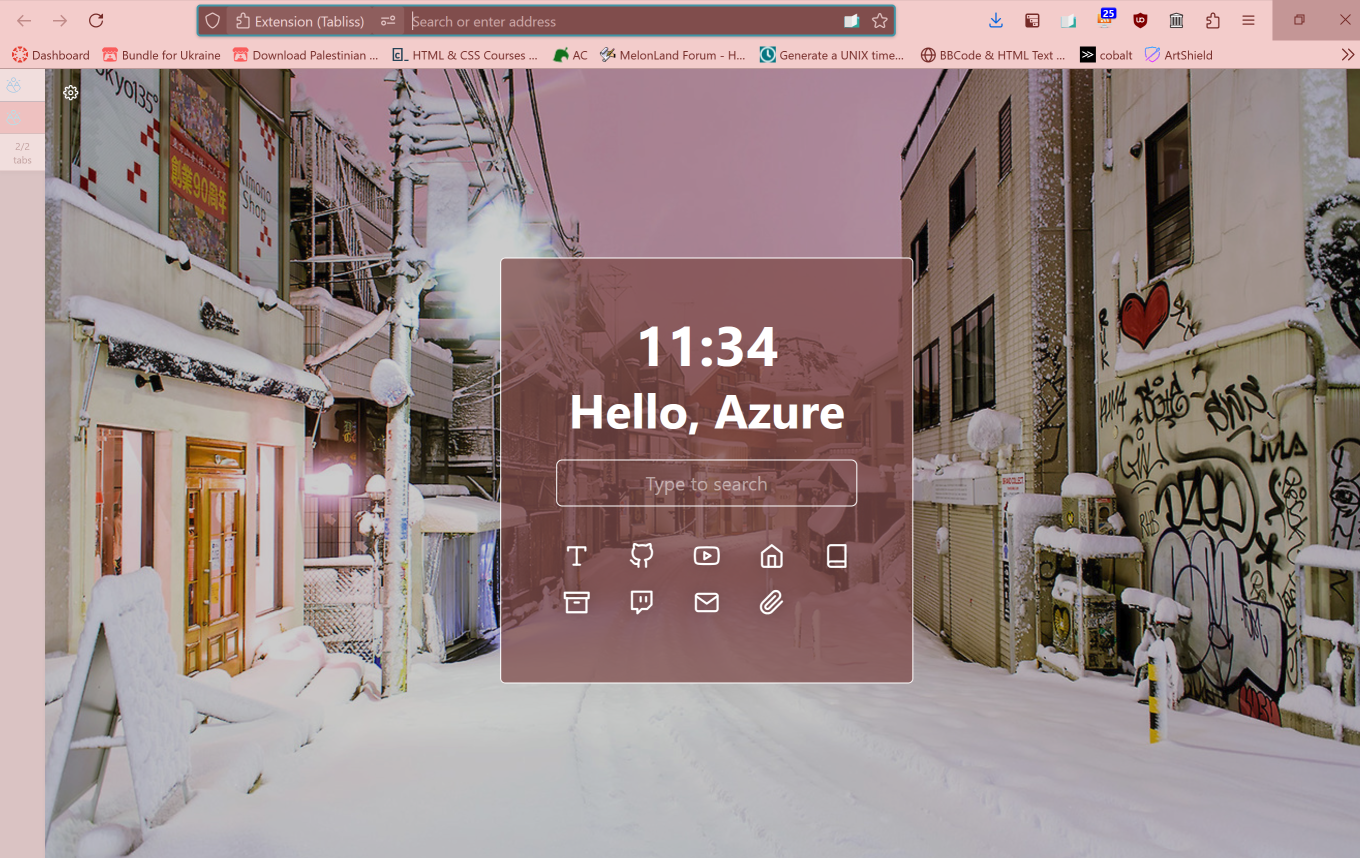 A Tabliss FireFox tab, with an photo background of a snowy town
