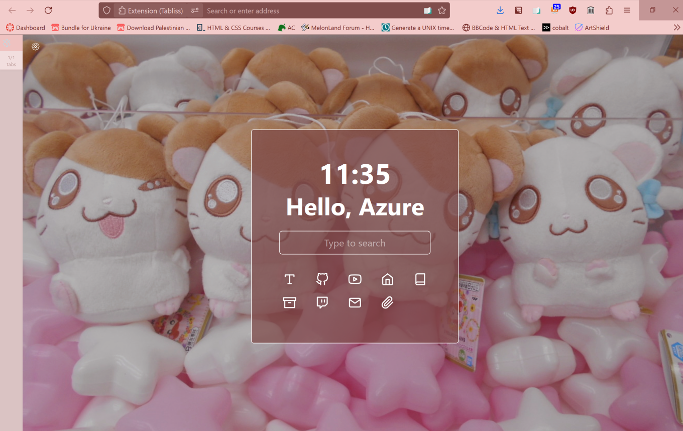 A Tabliss FireFox tab, with an photo background Hamtaro plushies in a crane game