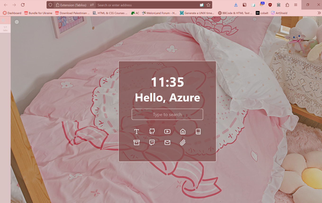 A Tabliss FireFox tab, with an photo background of a bed with cute bedding