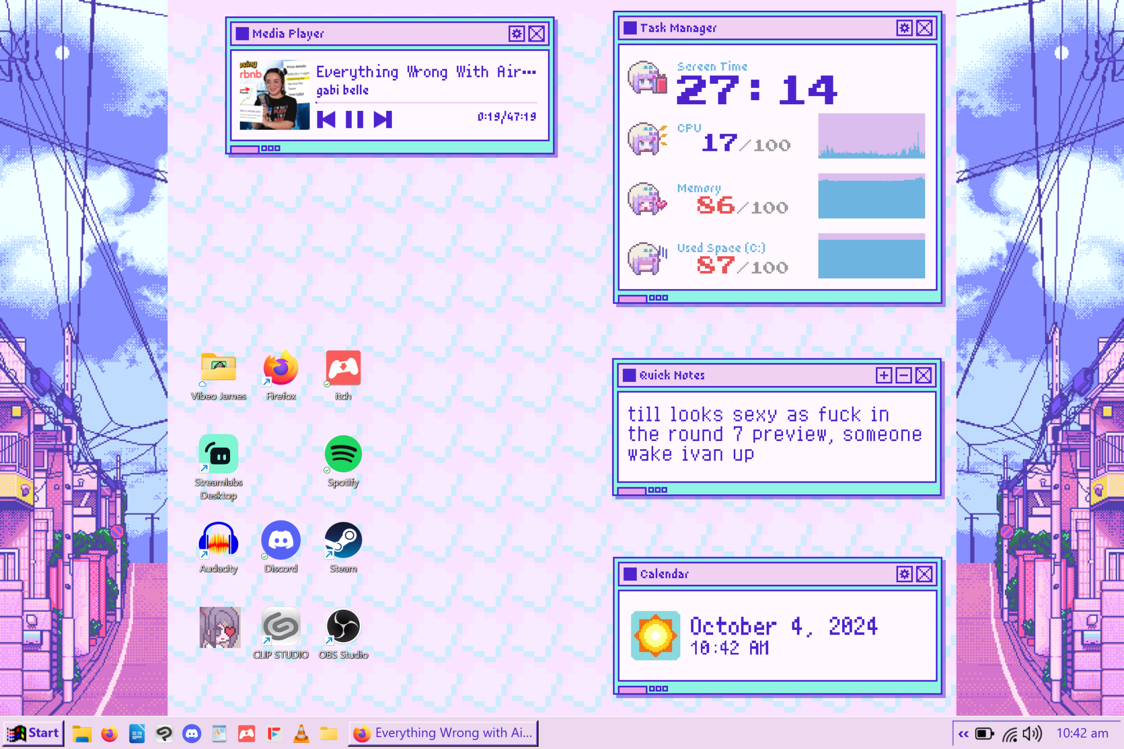 A desktop set-up displaying multiple widgets, sidebars, an old-fashioned taskbar, and a custom, patterned background. Everything is themed around Needy Streamer Overload. One widget is a "Quick Notes" widget, which has text in it that reads, "till looks sexy as fuck in the round 7 preview, someone wake ivan up"