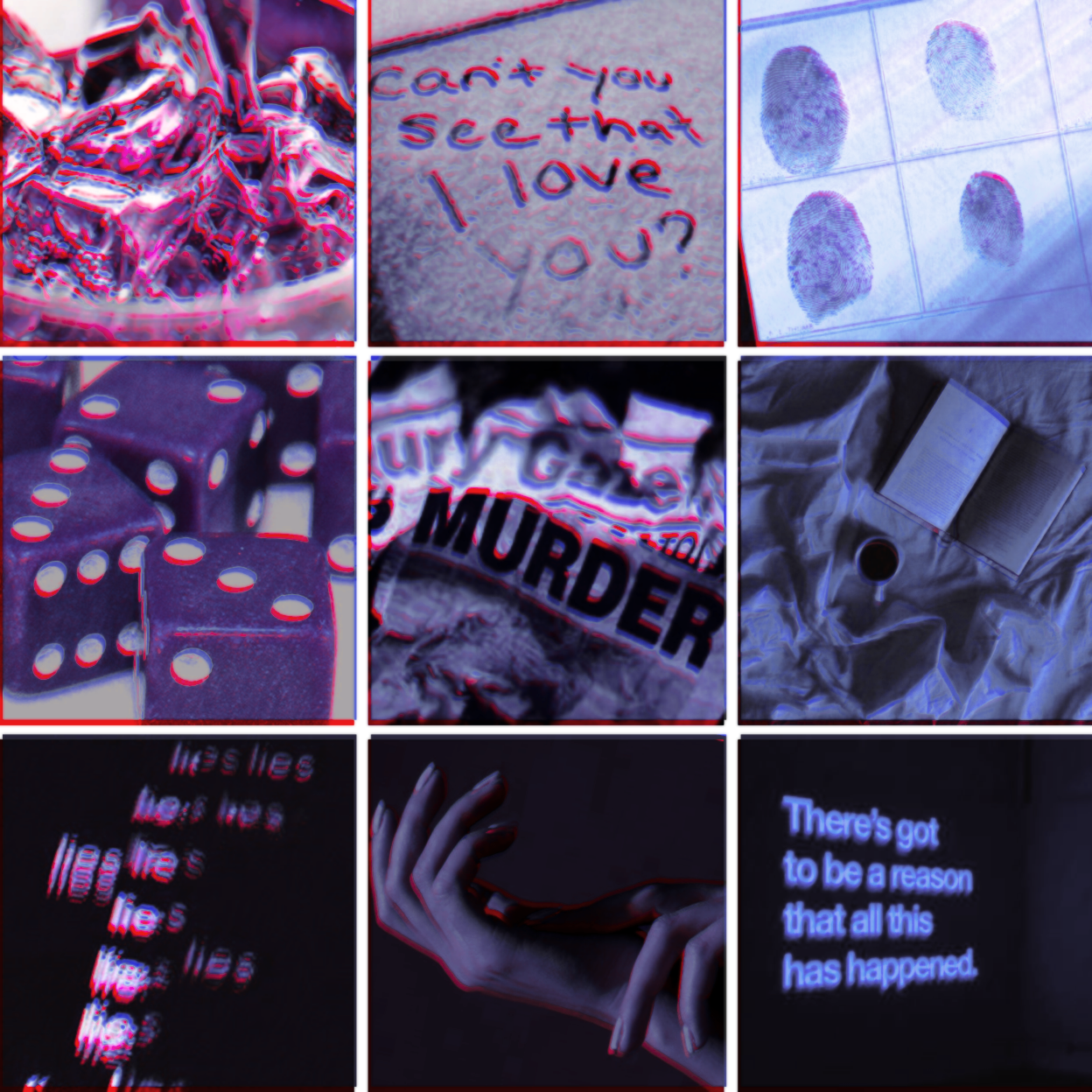 A moodboard for the couple Shuichi and Kokichi from Danganronpa 3. It uses purples and blues, and has themes of lying, murder investigation, dice, and books