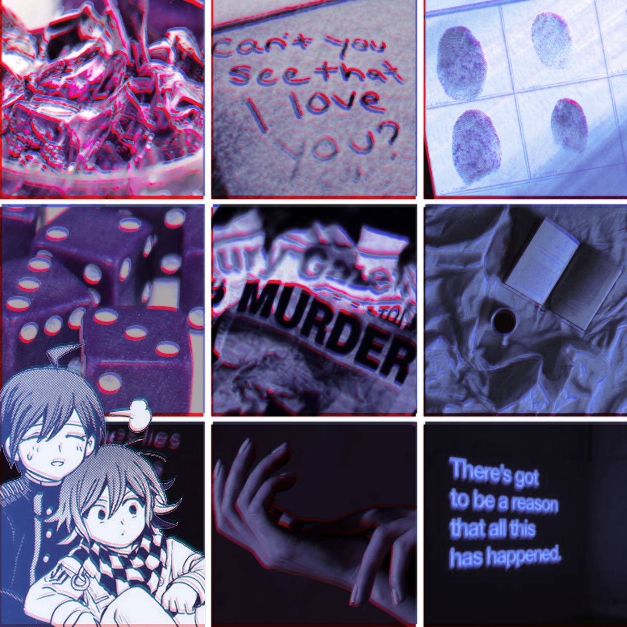 The same moodboard as before, with an image of Shuichi and Kokichi from the manga overlayed on top of it