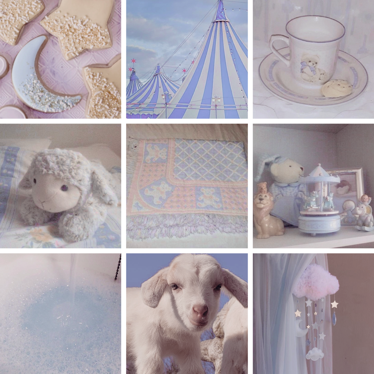 A moodboard for the character Young Shepherd Cookie, who is Shadow Milk Cookie shapeshifted, from Cookie Run: Kingdom. It uses pastel blues and yellows, and has themes of sheep, the moon, the circus, and fluffy things