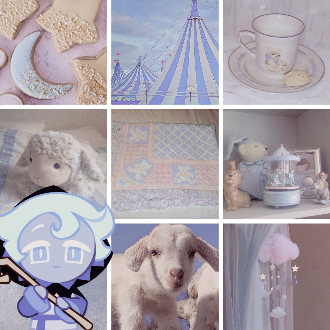 The same moodboard as before, with an image of Young Shepherd Cookie overlayed on top of it