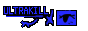 a button of the word ULTRAKILL in all caps and bright blue above two shooting stars and an open black eye with a blue background.