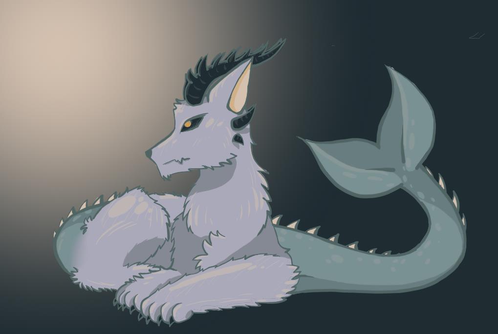 A wolf-like creature with a fish tail and antlers