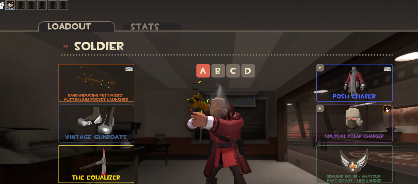 Team Fortress 2 Loadout for Soldier. Festivized Australium Rocket Launcher, Vintage Gunboats, Unique Equalizer, Posh Chaser, Unusual Sizzling Polar Charger, and an Amateur Highlander Participant medal from RGL, a TF2 Competitive website.