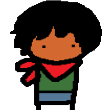 dumbs tupid pixel art of my sona, a character with dark hair, brown skin, a wearing red scarf and green shirt plus blue shorts.