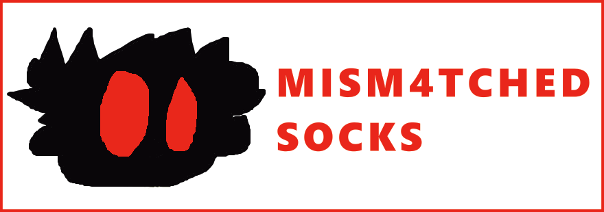 a white button. theres a silhouette of my head in black, but the space where my eyes should be, are red. next to that, red text reads: 'mism4tchedsocks'.