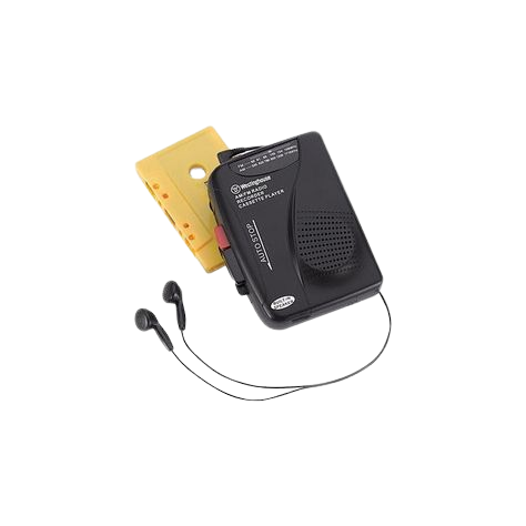 album mystery game: image is a black walkman with a yellow cassette in it. title says 'no inspiration for a funny title. a no skip album'.