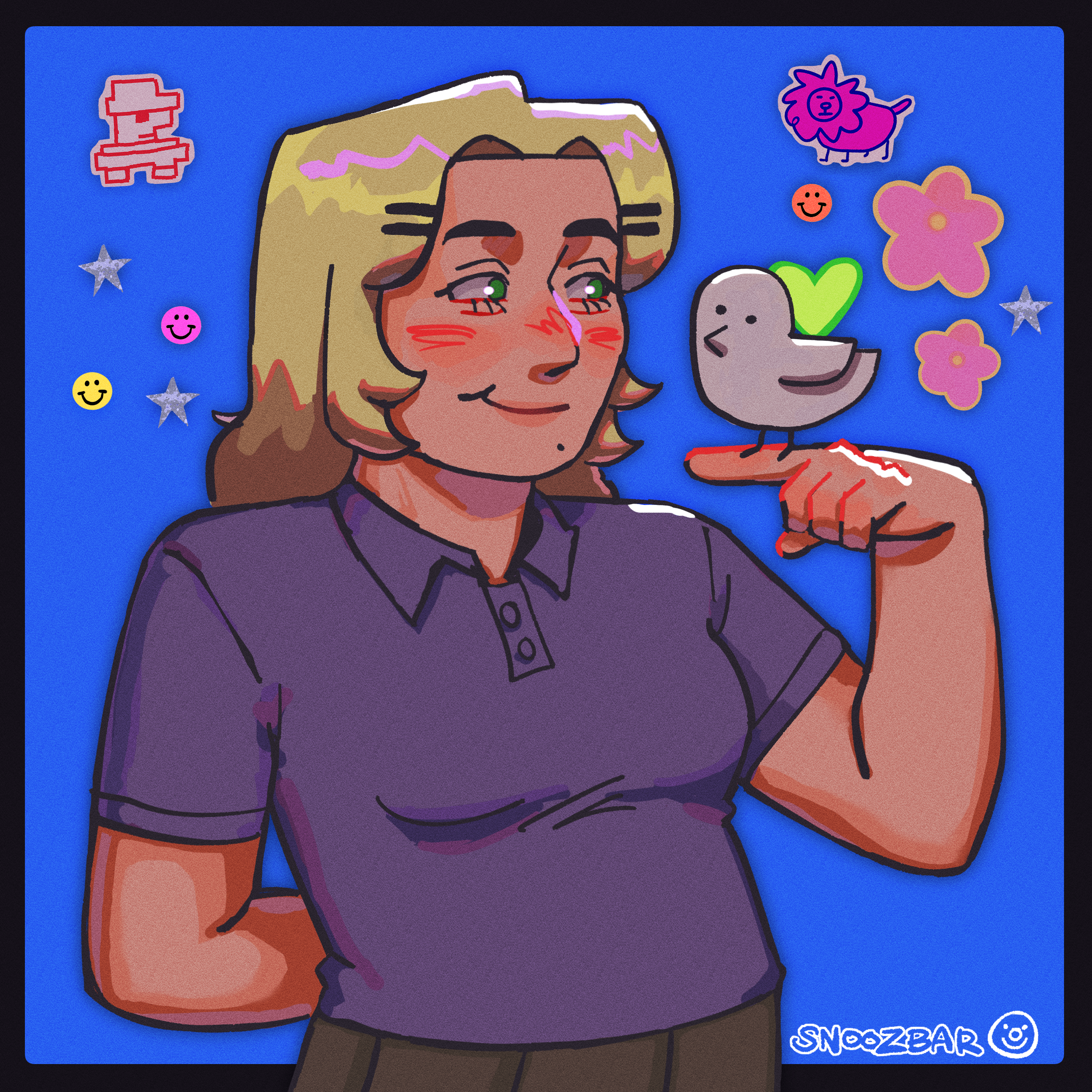 A digital drawing of Holly Hollowtones smiling with bibi, holding her finger out for bibi to perch on. The background is a plain, saturated blue background with multiple stickers decorating it.