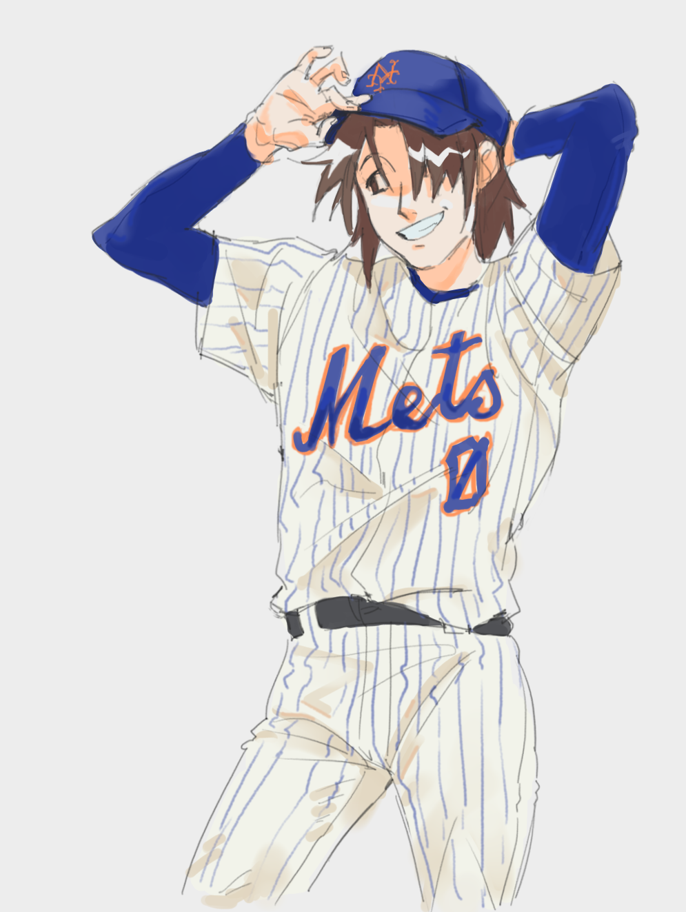 A young man wearing the uniform of a baseball team The New York Mets and smiling.