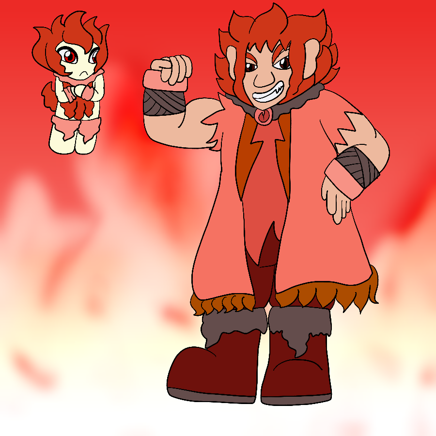 The artist's Precure fan character, a peach-skinned muscular man with fiery red hair and red eyes who wears a wildfire-themed outfit, smiling and flexing against a red gradient background covered in flames. Beside him is his fairy form, which is a cream-colored creature with hair, belly markings, and tail shaped like flames and flame-shaped ruffs around his neck, wrists, and legs.