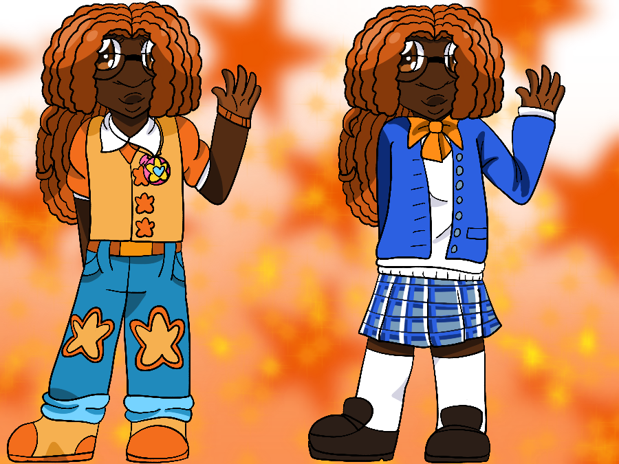 Artwork of the artist's Star Twinkle Precure original character, a thin human with brown skin, long and fluffy orange locs kept in a ponytail, and brown eyes, smiling and waving against a sparkly white to orange gradient background covered in stars. She is shown in casual wear and a school uniform.