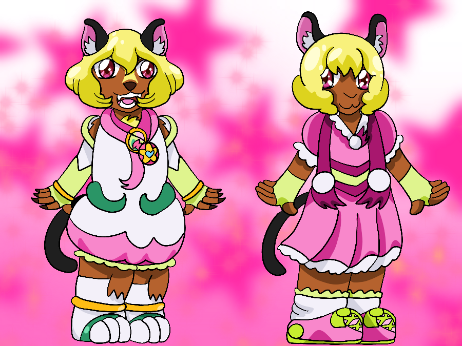 Artwork of the artist's Star Twinkle Precure original character, a thin Rainbownian with brown fur, a short blonde bob, yellow nose markings, and magenta eyes, smiling and standing against a sparkly white to pink gradient background covered in stars. She is shown in her Rainbownian form and a human disguise.