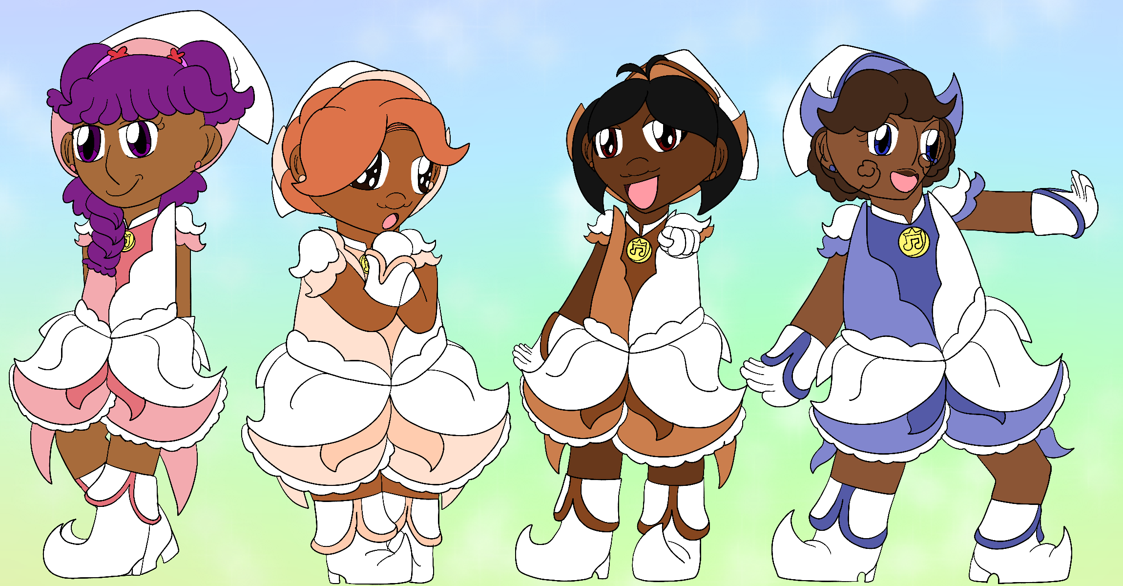 Art of four of the artist's Ojamajo Doremi original characters dressed in patraine outfits colored in their theme colors. They pose against a cool-colored, pastel and faintly sparkly background.