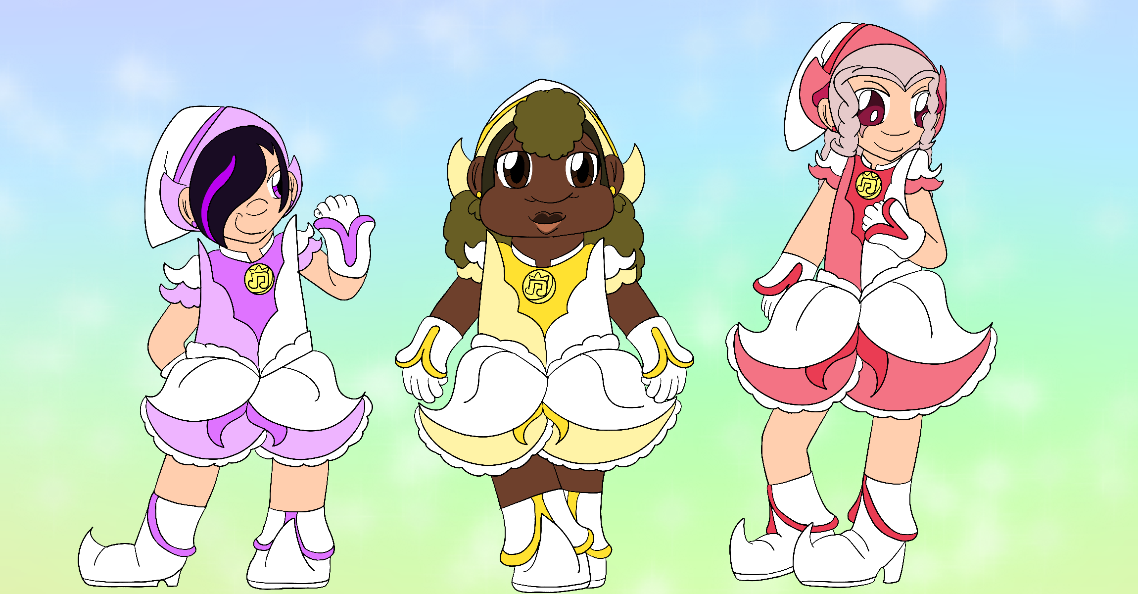 Art of three of the artist's Ojamajo Doremi original characters dressed in patraine outfits colored in their theme colors. They pose against a cool-colored, pastel and faintly sparkly background