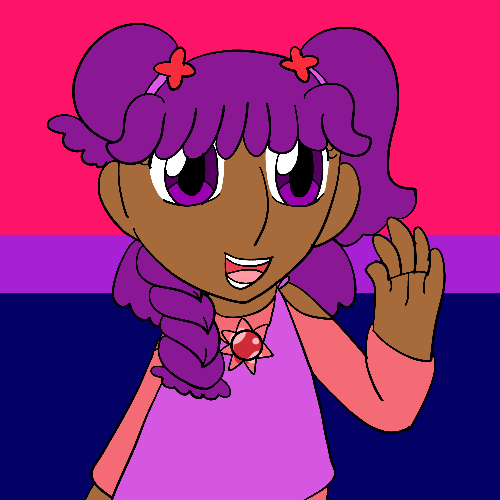 The artist's Ojamajo Doremi fan character, a thin girl with brown skin, puffy fuchsia hair kept in a braid and round hairbuns, and purple eyes who wears a salmon and purple outfit consisting of hairbands with butterflies on them, a tank top over a long-sleeved shirt, and a crystal shaped like a sun, smiling and waving against a bisexual pride flag background.