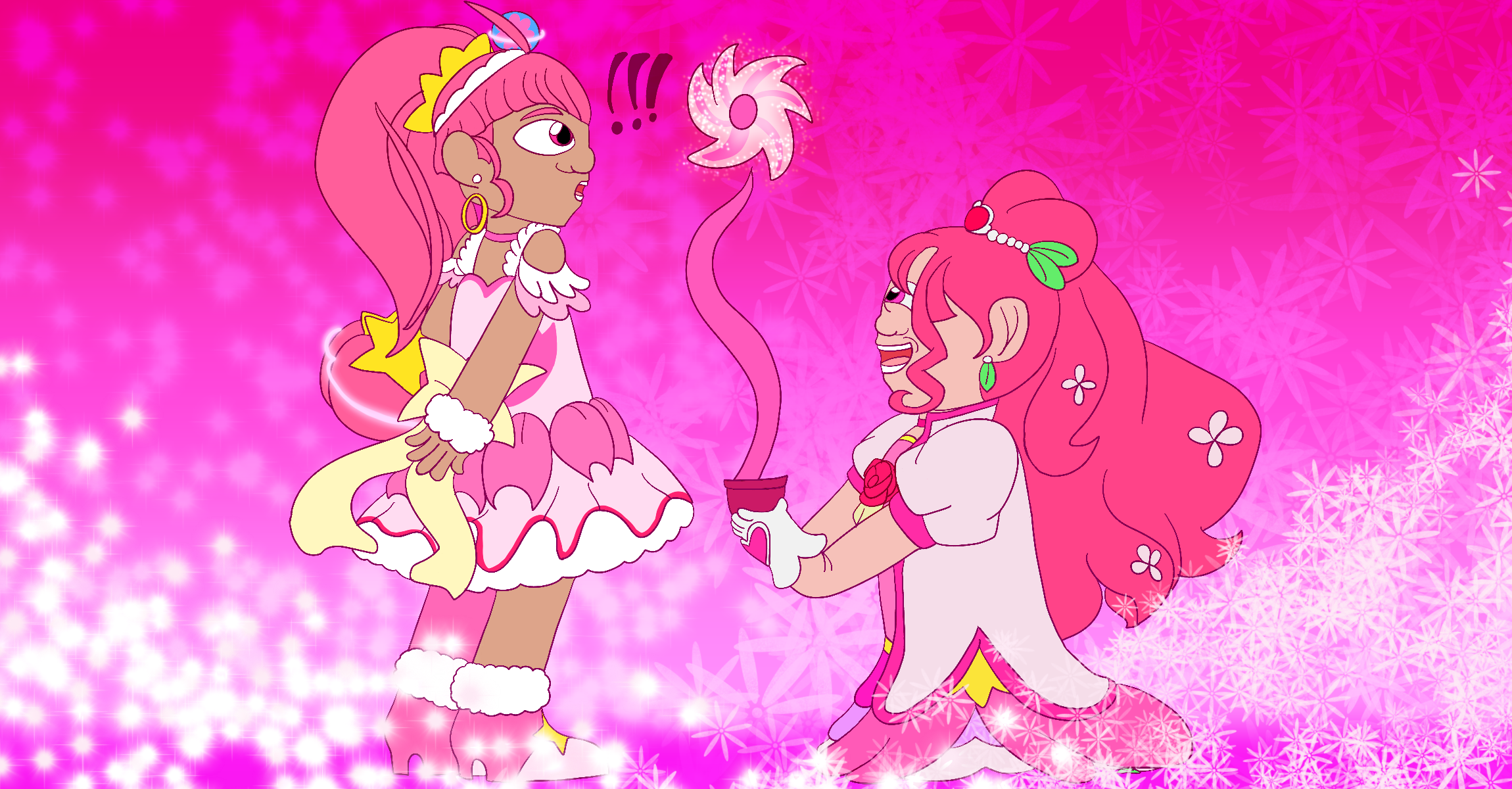 Cure Star from Star Twinkle Precure and Cure Grace from Healin' Good Precure posed together in front of a sparkly gradient pink background framed with motes of light and flowers. Grace kneels as she cheerfully shows Star a pink alien flower, and Star stands as she curiously examines it.