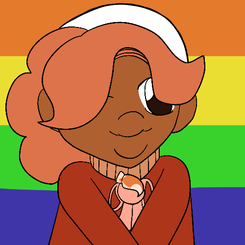 Artwork of The artist's Ojamajo Doremi fan character, a fat girl with brown skin, short and fluffy apricot hair kept in a ponytail, and brown eyes who wears an orange and brown outfit consisting of a cardigan with a ribbon over a turtleneck sweater and a crystal shaped like a leaf, smiling and winking against a questioning pride flag background.