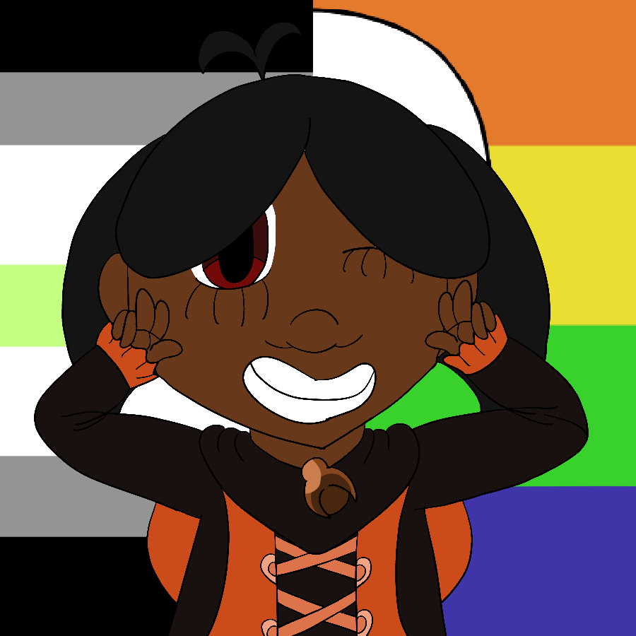 The artist's Ojamajo Doremi fan character, a thin girl with dark brown skin, short black hair in curved bangs and sides, and brown eyes who wears a black and orange witch's dress and a brown crystal shaped like a bug, grinning, winking, and making peace signs against a background bearing the questioning and agender pride flags in halves.