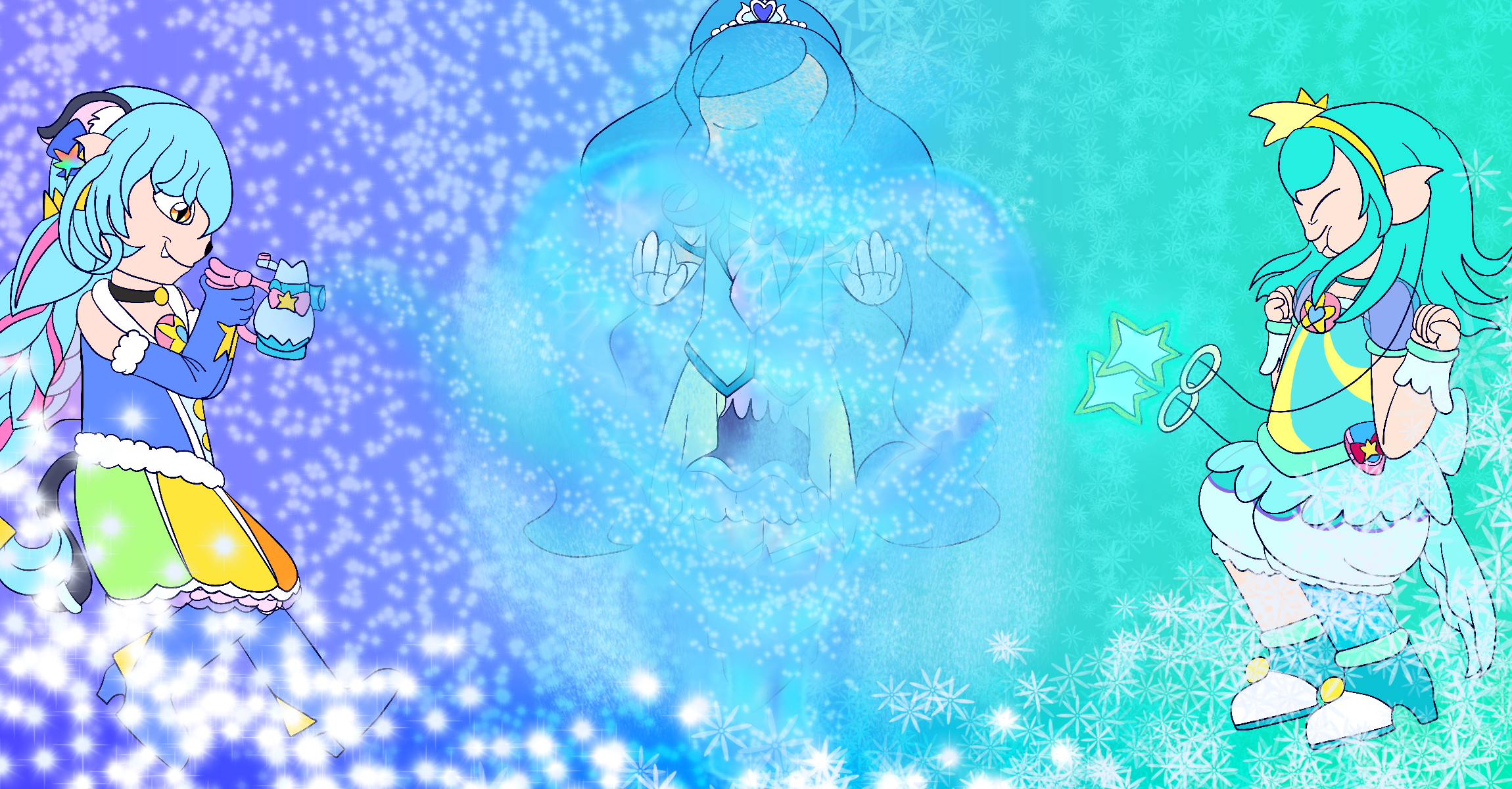 Cures Cosmo and Milky from Star Twinkle Precure and Cure Fontaine from Healin' Good Precure posed together in front of a sparkly blue to teal gradient background framed with motes of light and flowers. The three of them combine their powers to make a heart-shaped, sparkly formation.