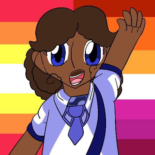 The artist's Ojamajo Doremi fan character, a thin girl with brown skin, brown natural hair, and blue eyes who wears a blue and white outfit consisting of a shirt with short, puffy sleeves and a collar with a ribbon, a bag, and a crystal shaped like a trapezoid, grinning and waving against a background bearing the nonbinary girl and lesbian pride flags in halves.