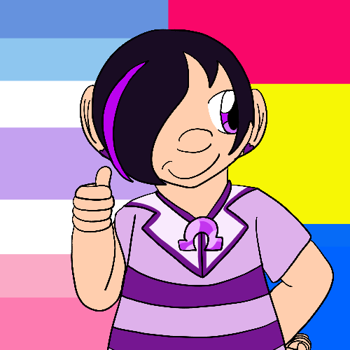 The artist's Ojamajo Doremi fan character, a girl of average build with pale skin, short sideswept black hair that covers one eye and has a purple streak, and purple eyes who wears a purple outfit consisting of a collared, striped, short-sleeved shirt, and a crystal shaped like a horseshoe, grinning and making a thumbs up against a background bearing the bigender and pansexual pride flags in halves.