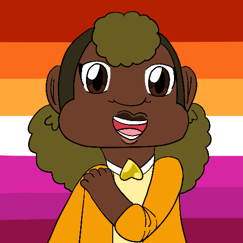 The artist's Ojamajo Doremi fan character, a thin girl with brown skin, dark yellow natural hair kept shaved in the front save for a puff for bangs and long in the back, and brown eyes who wears a gold, yellow and white outfit consisting of jacket, a collared shirt, and a crystal shaped like an upside-down heart, smiling and holding her shoulder against a lesbian pride flag background.