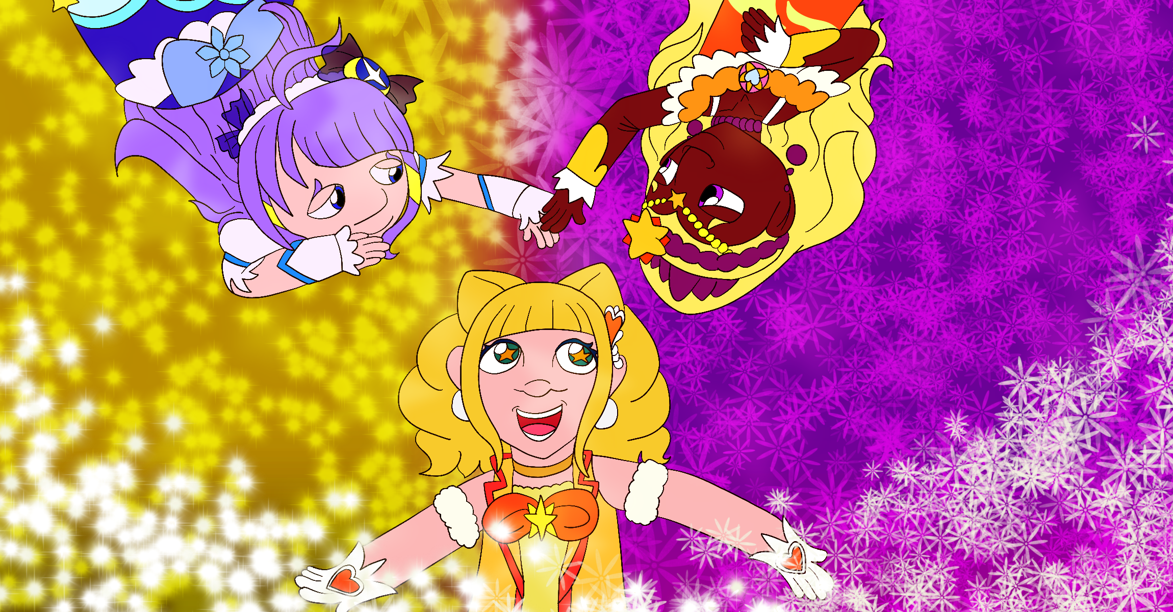 Cures Selene and Soleil from Star Twinkle Precure and Cure Sparkle from Healin' Good Precure posed together in front of a sparkly yellow to purple background framed with motes of light and flowers. The three of them lay down on the ground, with Selene and Soleil smiling and brushing their hands together affectionately as Sparkle grins and looks up at them.