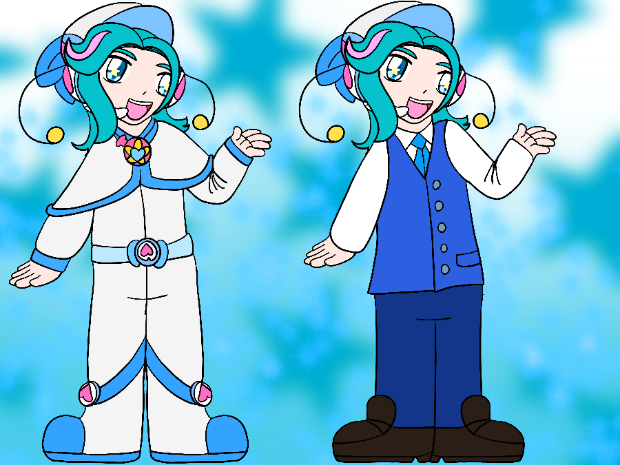 Artwork of Lolo from Star Twinkle Precure, who is depicted slightly older and with longer hair, smiling and holding out a hand against a sparkly white to blue gradient background covered in stars. He is shown in casual wear and a school uniform.