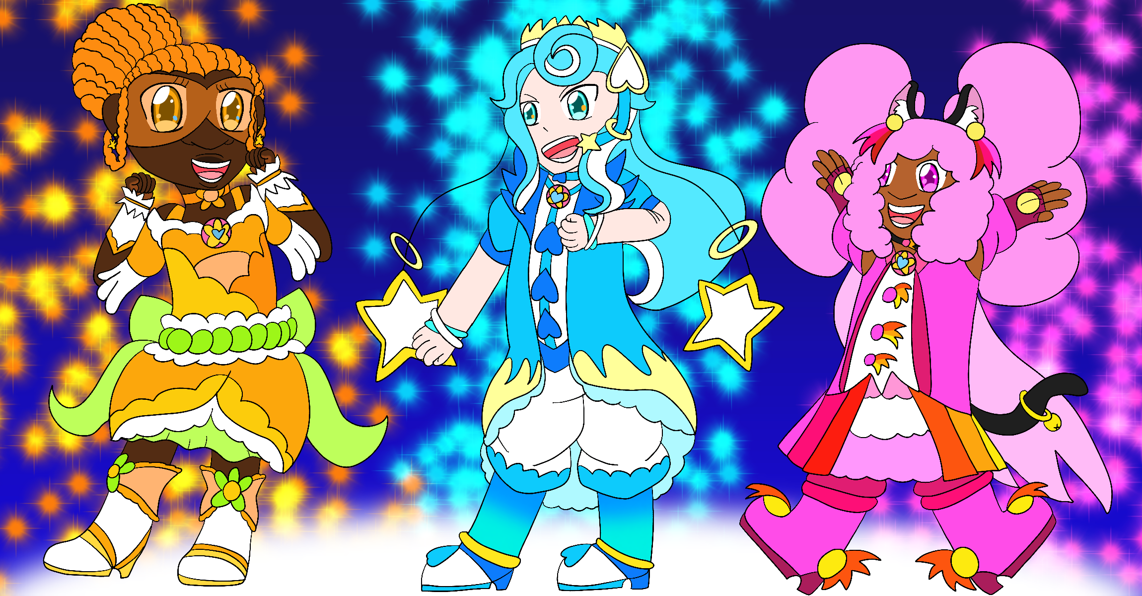 The two original characters and Lolo shown in original Cure forms. They pose on a white light platform against a dark blue background with streams of sparkles in their theme colors behind them.