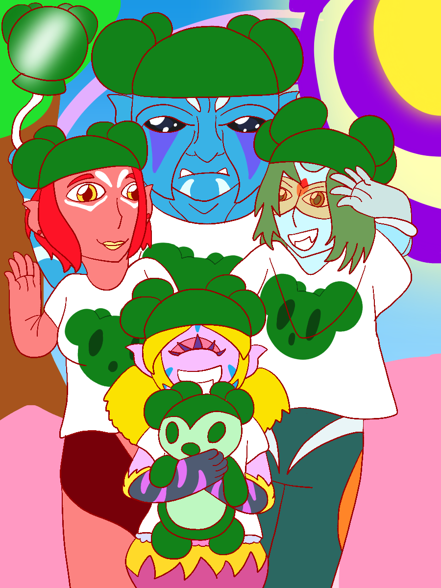 The Notraider generals from Star Twinkle Precure smiling and posing in front of a theme park while wearing and holding merchandise of the park's mascot, a green mouse-like alien.