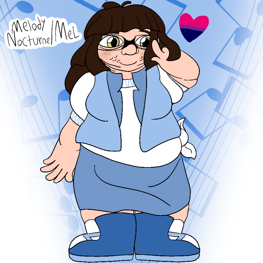 The artist's Classicaloid original character, a fat woman with pale skin, freckles and dimples on her cheeks, yellow eyes, a curved figure, and long square dark brown hair who wears black square glasses and a blue and white outfit consisting of a vest, a shirt with short, puffy sleeves that is tied in the side, a long skirt, and boots, smiling and standing with a hand pointed to her face. She stands in front of a white background with streams of blue music notes behind her, and her name as well as a heart in the colors of the bisexual pride flag are drawn beside her.