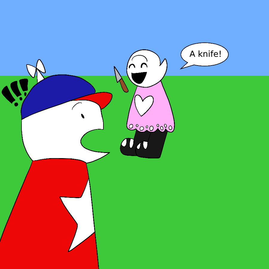 Preshy gleefully pulls out a knife despite her lack of hands, and she shouts a knife! while Homestar Runner looks extremely shocked.