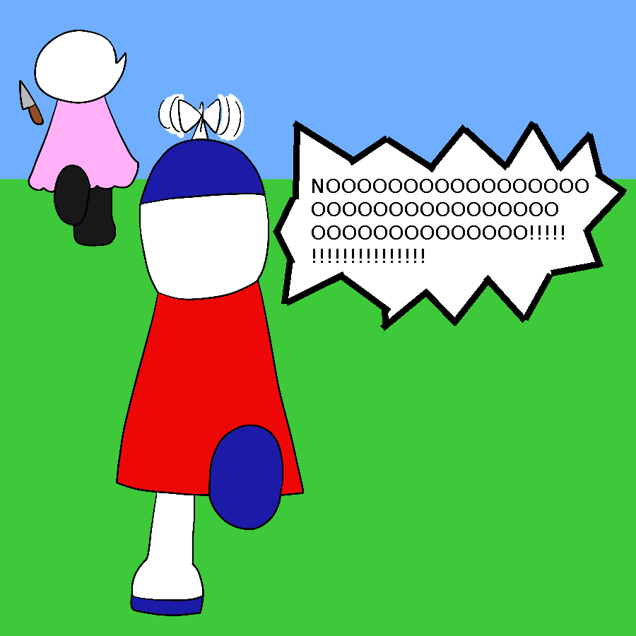 Preshy runs away with the knife as Homestar Runner chases after her, hat propeller spinning and all, while he shouts No! in a comically exaggerated manner.