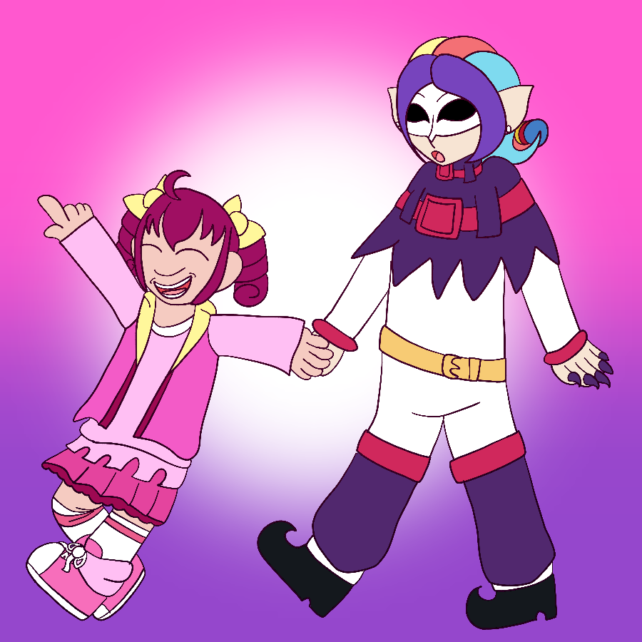 Miyuki Hoshizora from Smile Precure grinning and clutching Joker's hand with one hand and pointing ahead to the other as she walks, with Joker having a curious expression as he follows her. They pose in front of a pink to purple gradient background with a white blurry center.