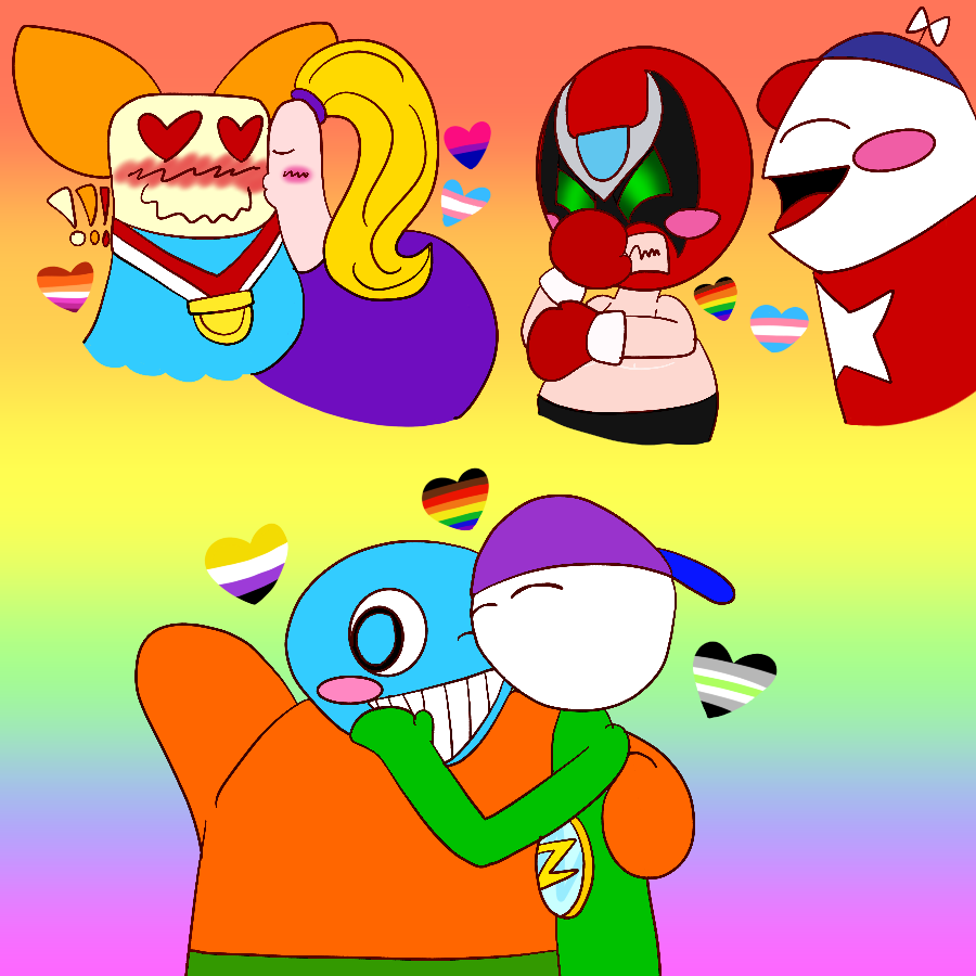 Doodles of various Homestar Runner ships against a rainbow gradient background. The first shows Marzipan kissing a furiously-blushing Champeen, with Champeen having exclamation marks in her colors and a heart in the colors of the lesbian pride flag beside her, while Marzipan has hearts in the bi and trans pride flags' colors beside her. The second shows Strong Bad, who is depicted with top surgery scars, blushing and embarassed as Homestar talks to him, with hearts in the colors of the gay and trans pride flags between them. The next shows Bubs smiling and blushing as Coach Z embraces him, and surrounding them are hearts in the colors of the nonbinary, gay, and agender pride flags.