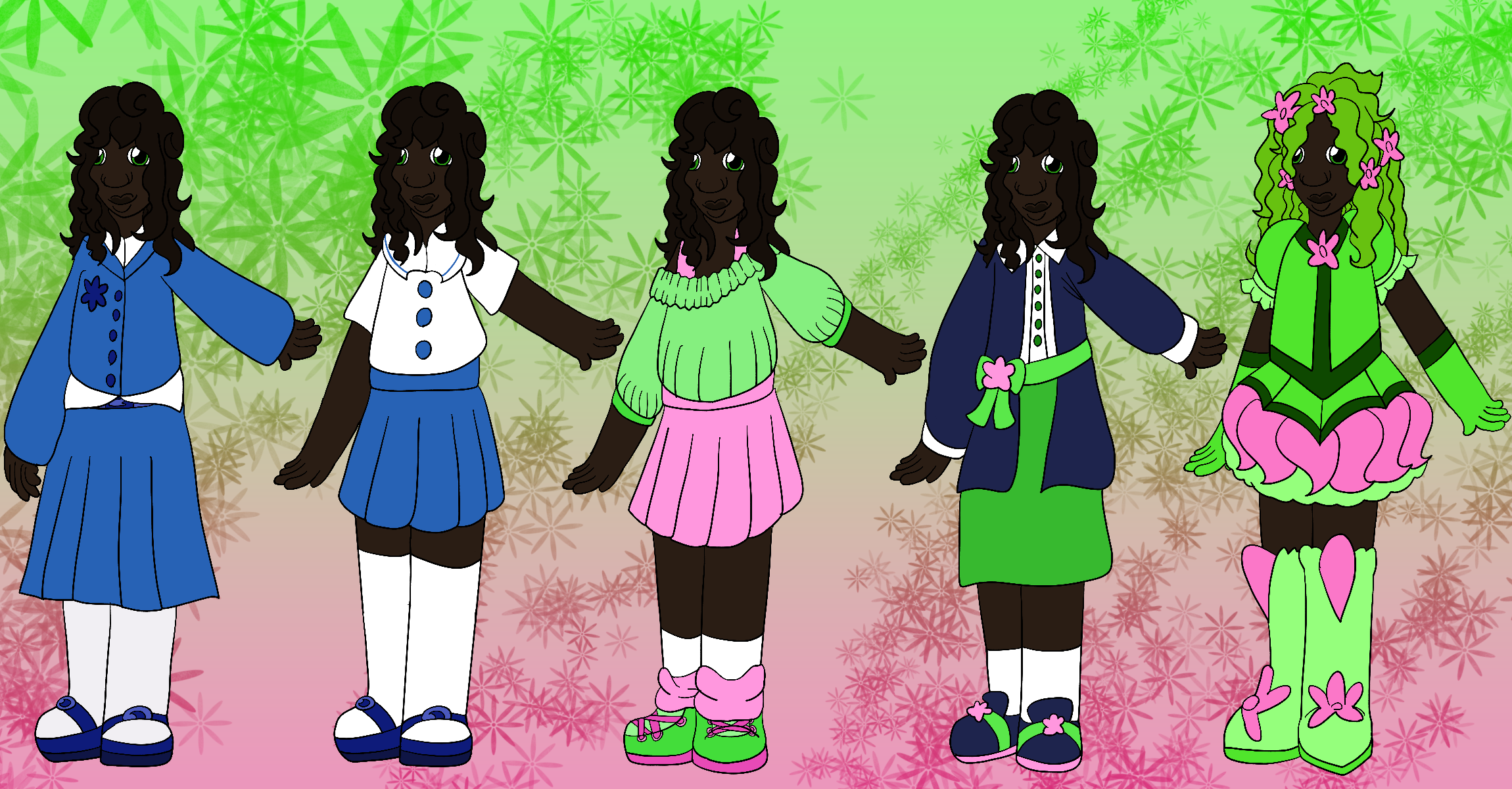 The artist's Precure original character, a thin girl with deep brown skin, green eyes, and wavy black hair, smiling and standing with an arm outstretched against a green and pink gradient background covered in flowers. She is shown with five different designs.