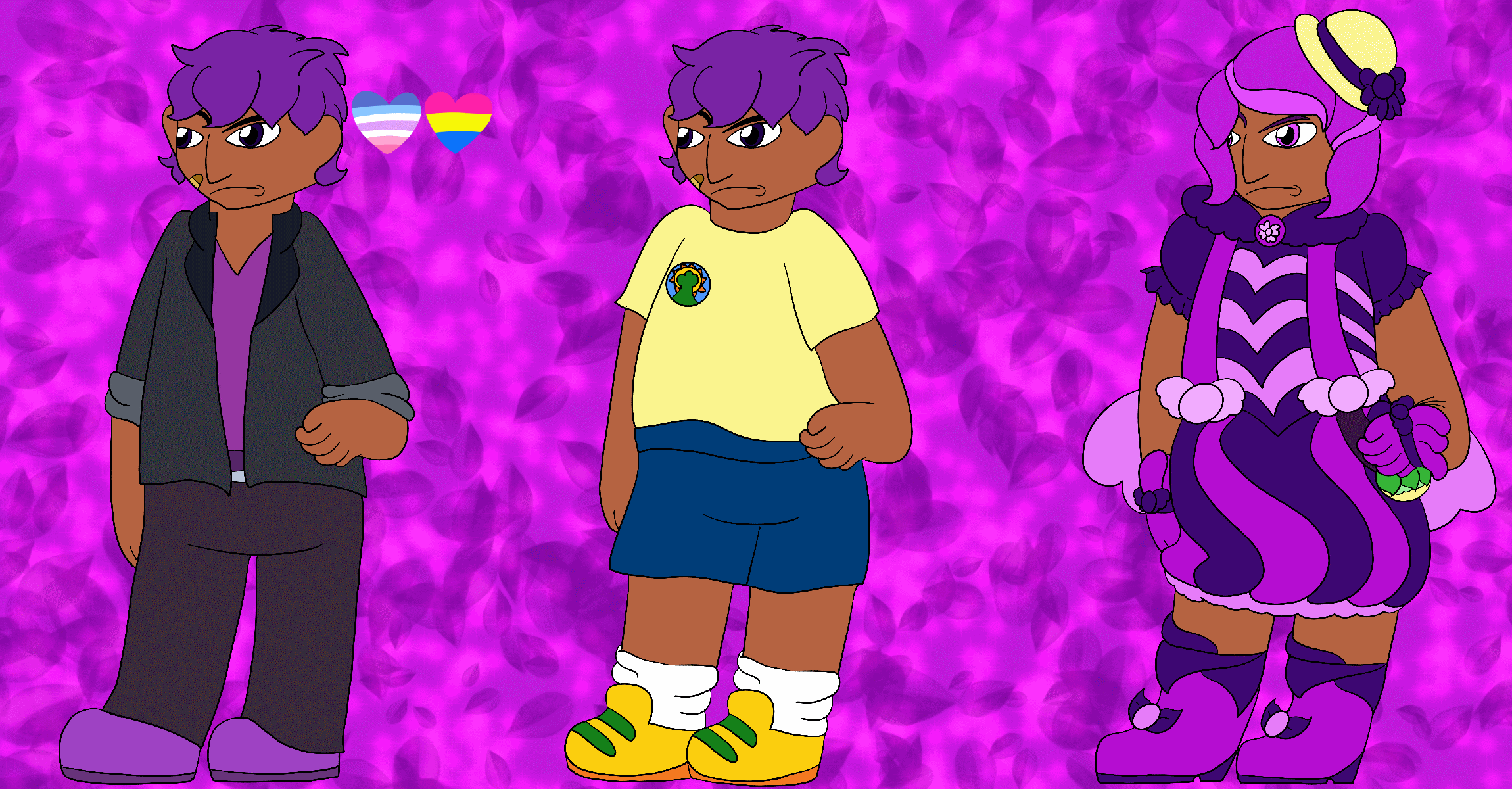 The artist's Precure original character, a fat kid with brown skin, dark purple eyes, and short and messy purple hair, frowning and standing against a purple gradient background covered in sparkles and leaves. She is shown with three different designs, and beside her first design are hearts in the colors of the bigender and pansexual pride flags.