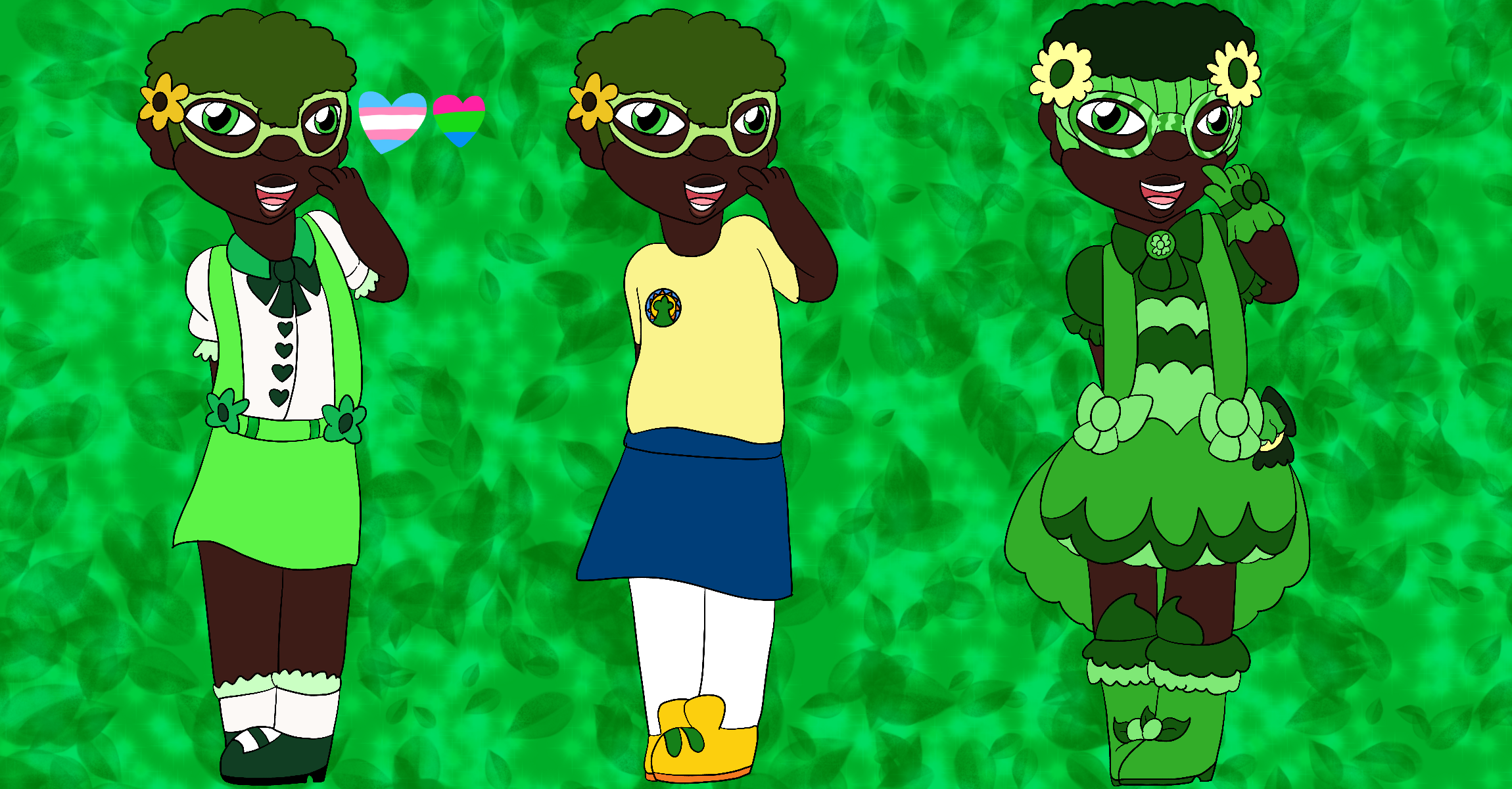 The artist's Precure original character, a thin girl with dark brown skin, green eyes, and short natural dark green hair, smiling and standing against a green gradient background covered in sparkles and leaves. She is shown with three different designs, and beside her first design are hearts in the colors of the transgender and polysexual pride flags.