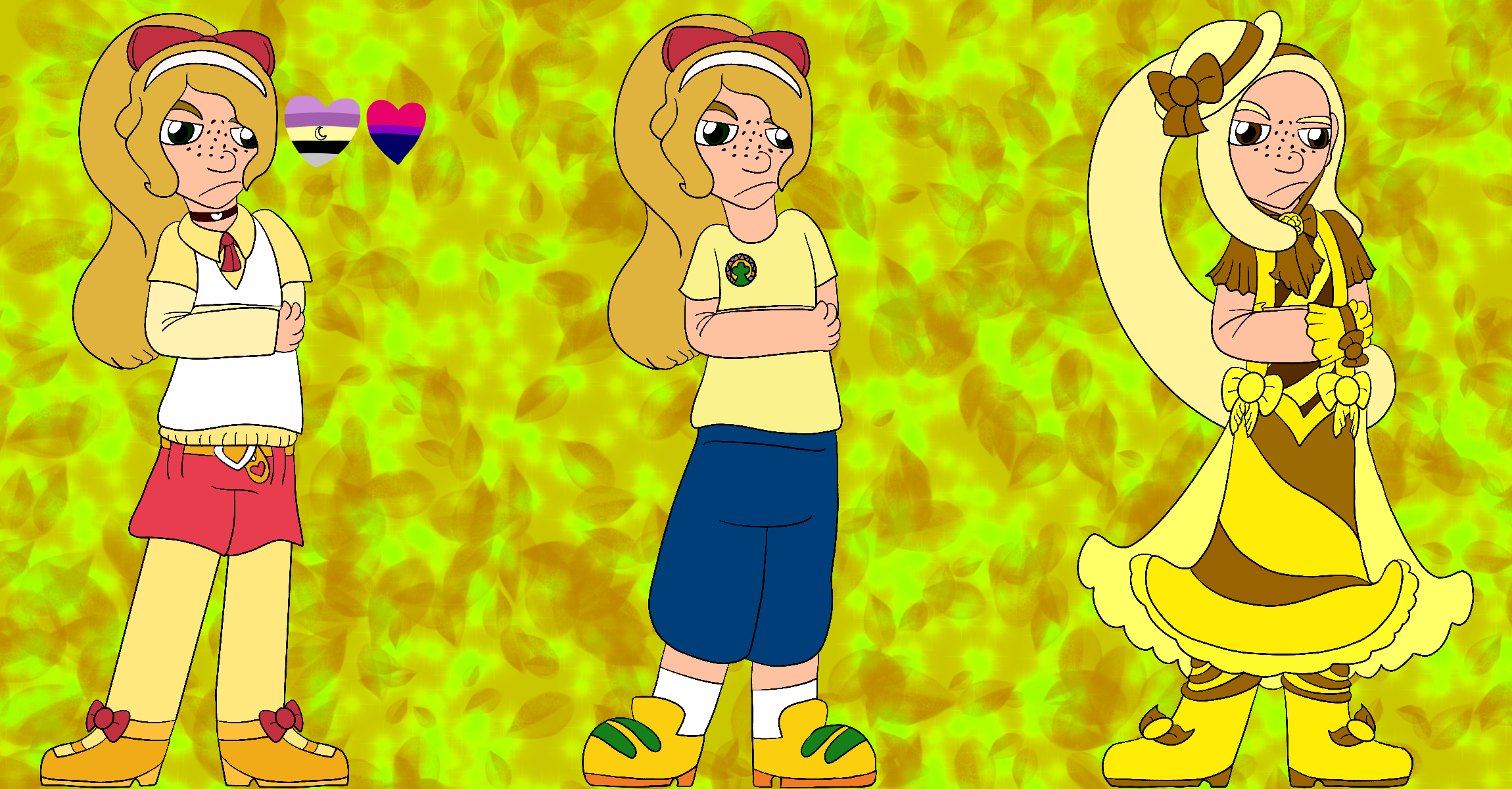 The artist's Precure original character, a thin kid with peach skin, frackles on her face, brown eyes, and long blonde hair kept in a ponytail, frowning and standing against a yellow gradient background covered in sparkles and leaves. She is shown with three different designs, and beside her first design are hearts in the colors of the lunarian nonbinary and bisexual pride flags.