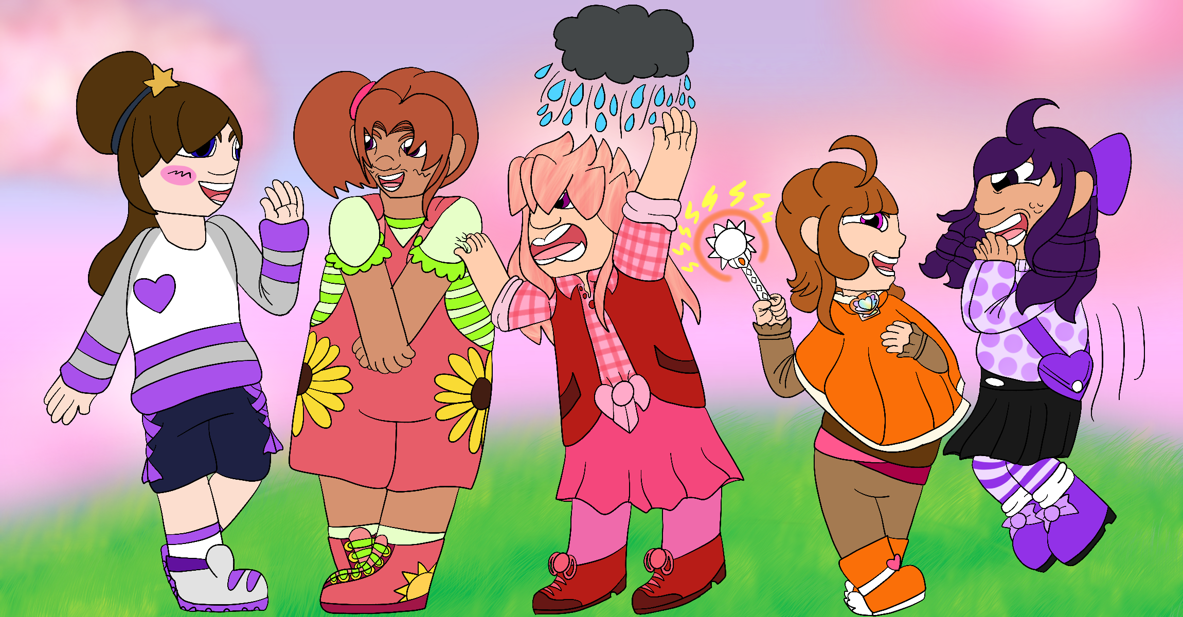 Five of the artist's Precure fanchildren in casual attire, posed together against an area with lavender skies, pink clouds, and green grassy fields. Two characters talk as a third angrily tries to get the attention of the second character while a thunder cloud pours down on the third character's head. The thunder cloud is cast by the fourth character, who idly casts magic with a wand as she talks to the fifth character who bounces in glee.