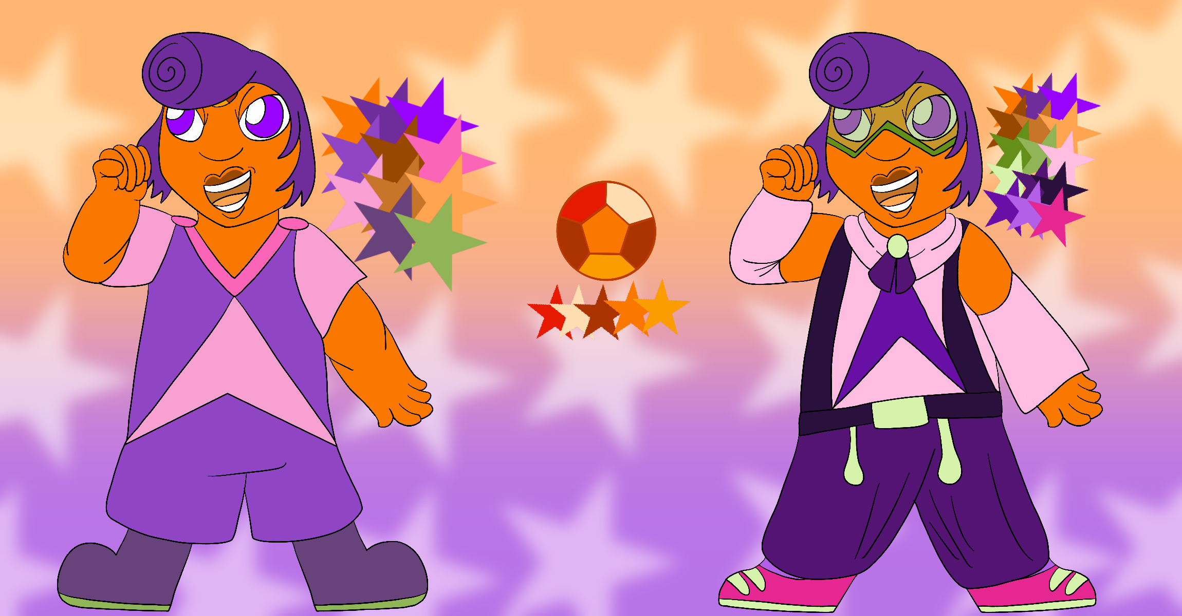 A reference sheet for the artist's Steven Universe fan character, a fat Carnelian with orange skin, purple eyes, and a gem on his forehead partially hidden by his purple pompadour. He is shown with two different outfits with color palettes beside them, and in the center is a reference and color palette for his gem.