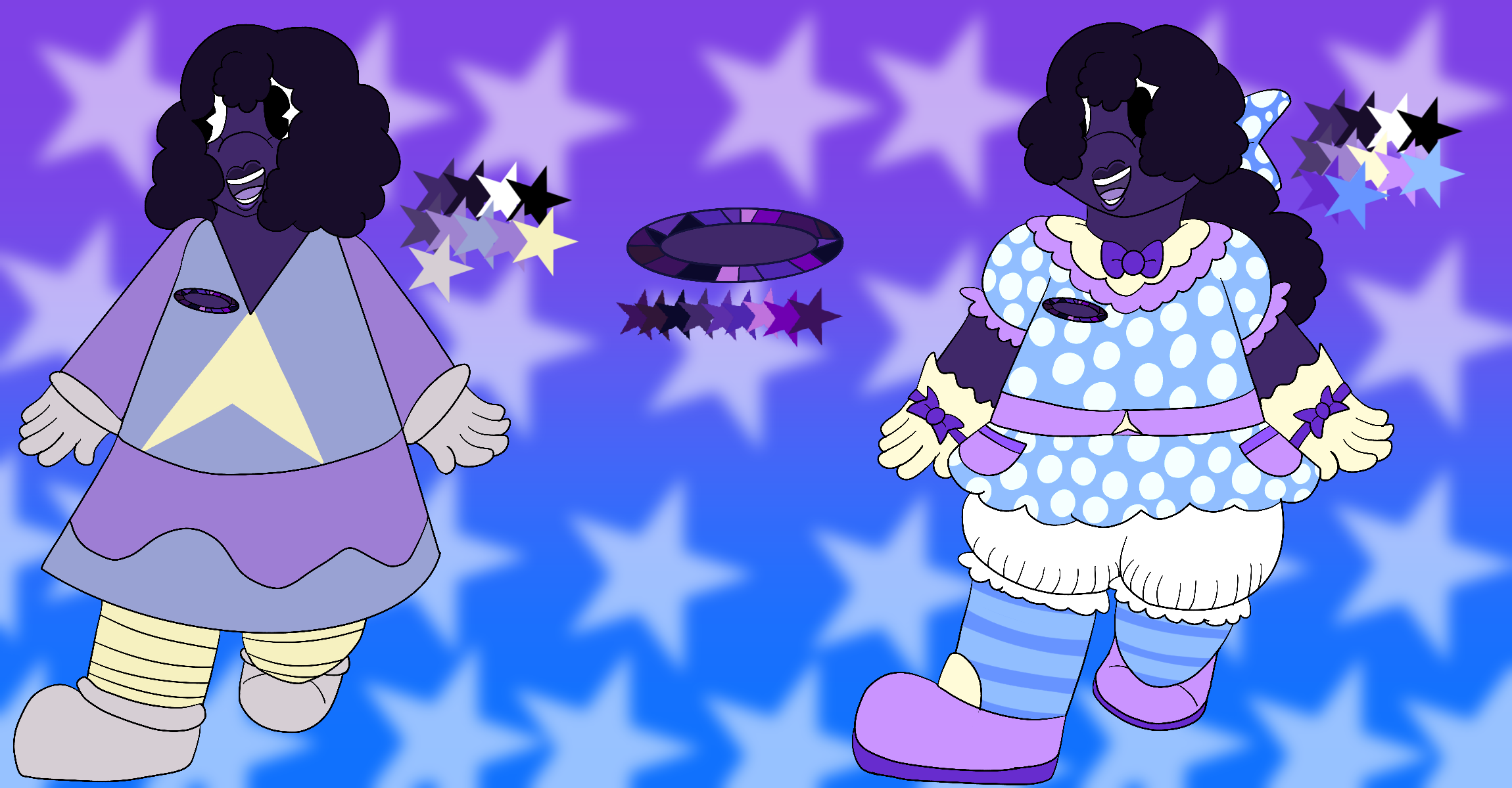 A reference sheet for the artist's Steven Universe fan character, a fat Spinel with dark purple skin, black eyes, a gem on her left breast, and short dark purple natural hair. She is shown with two different outfits with color palettes beside them, and in the center is a reference and color palette for her gem.