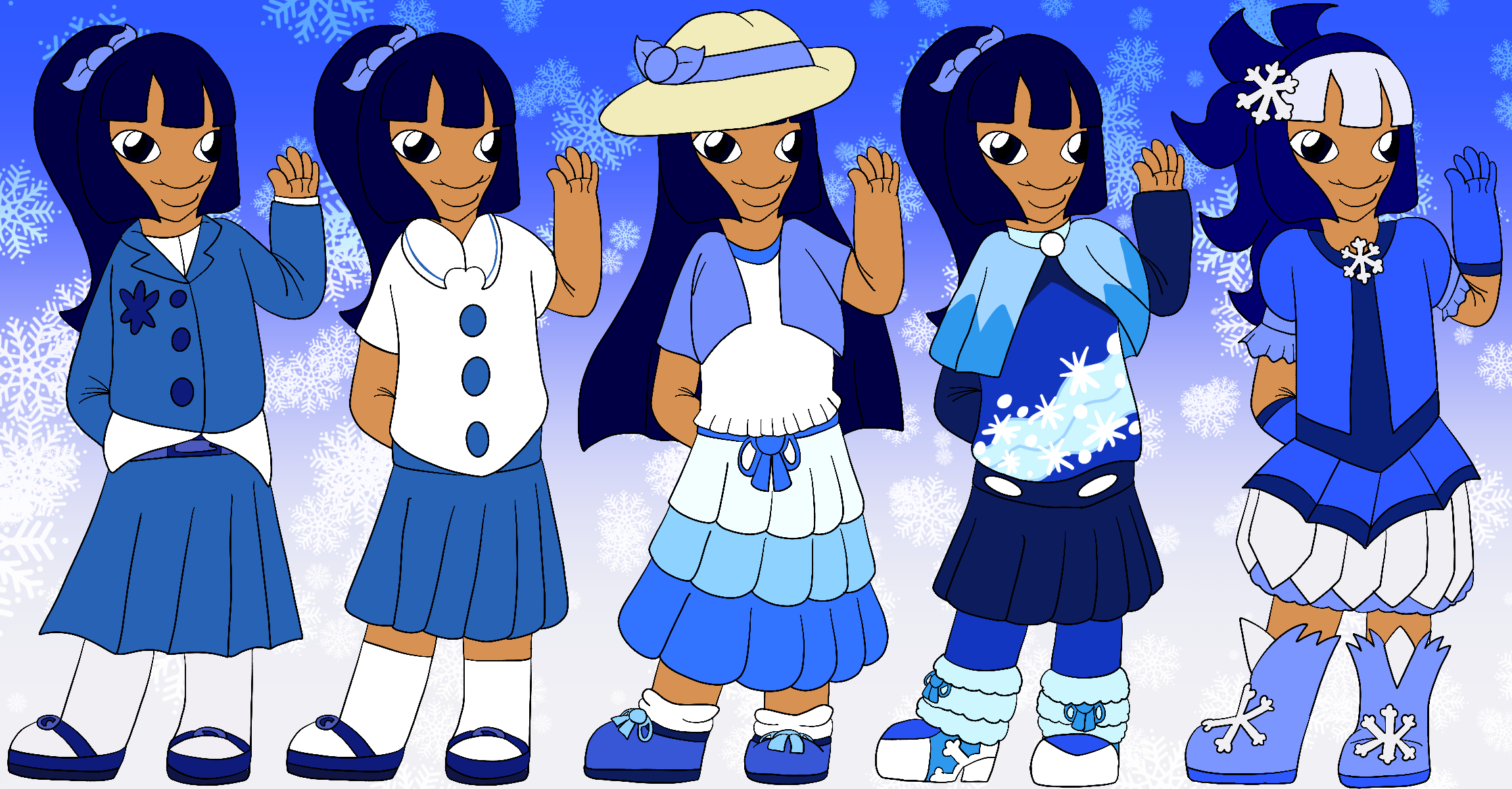 The artist's Precure original character, a thin girl with tan skin, deep blue eyes, and long dark blue hair with square bangs kept in a ponytail, smiling and standing with an arm raised against a blue and white gradient background covered in snowflakes. She is shown with five different designs.