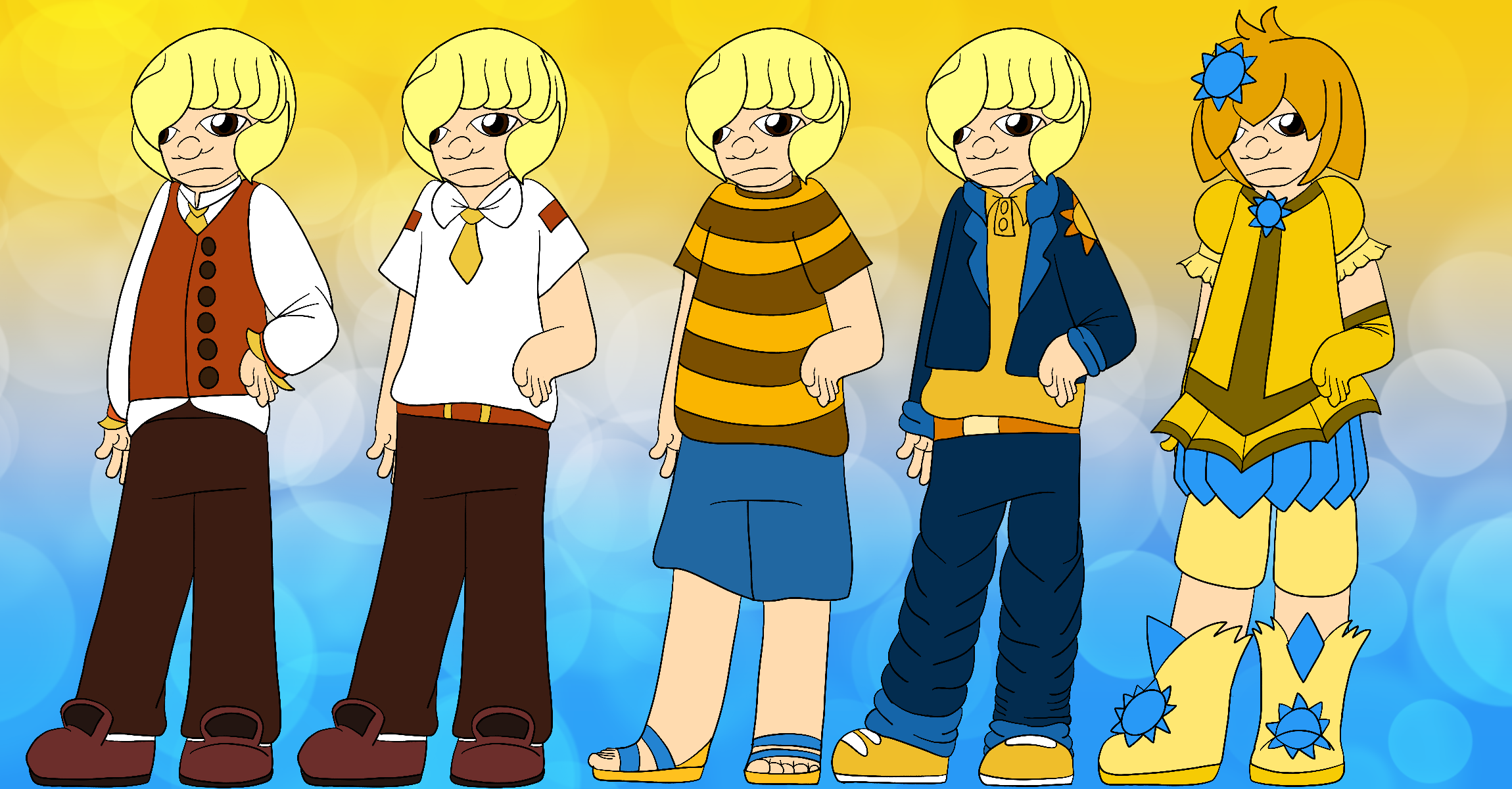 The artist's Precure original character, a thin girl with pale skin, brown eyes, and short blonde hair, frowning and standing with a hand on her hip against a yellow and sky blue gradient background covered in bokeh lights. She is shown with five different designs.